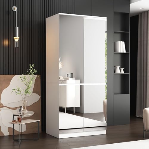FAMAPY 4 Door Wardrobe Closet with Mirrors, Armoire Wardrobe Closet with Hanging Rod, Mirrored Armoire for Bedroom White (31.5”W x 19.7”D x 70.9”H)