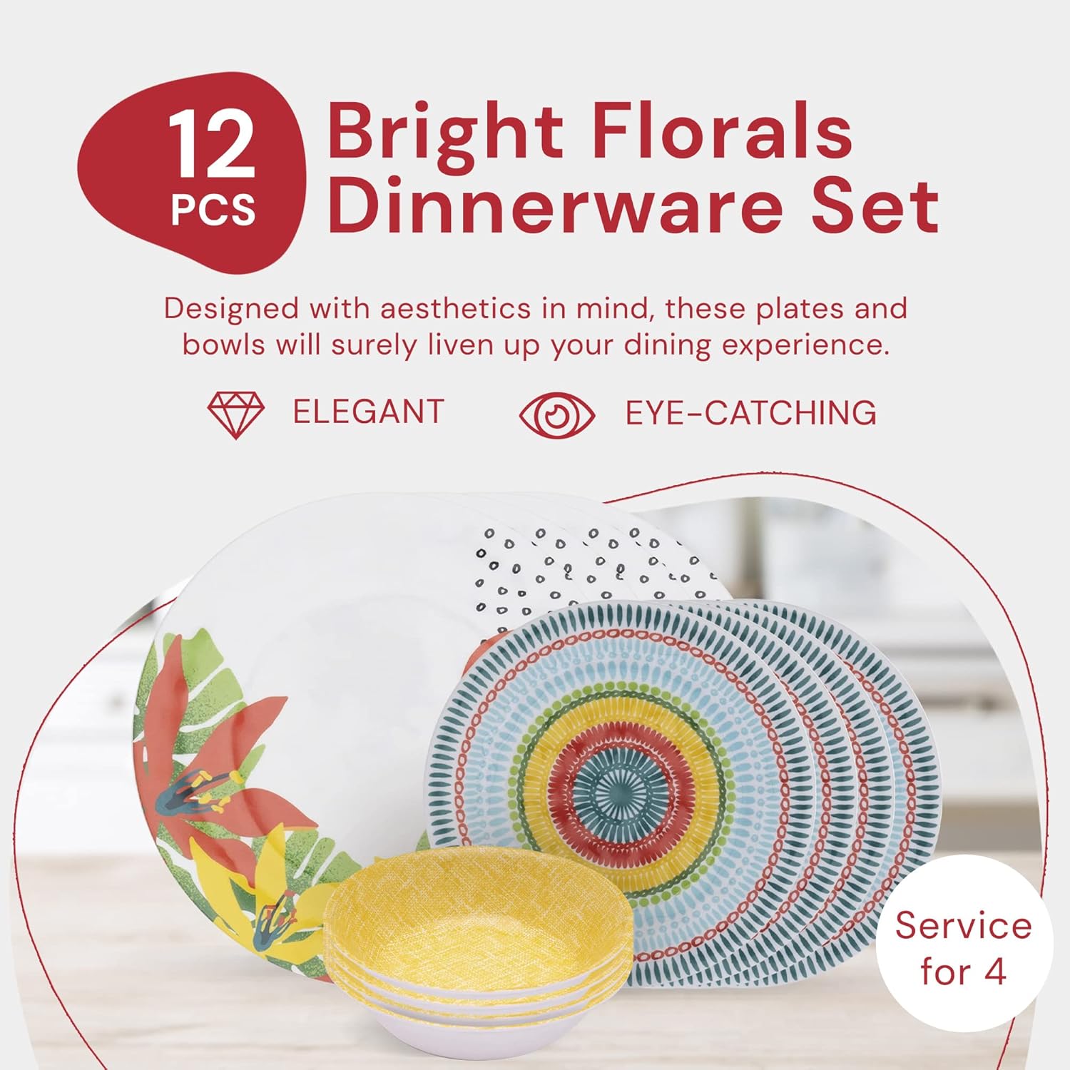 Safdie & Co. - Bright Florals Melamine Plates and Bowls Sets, Modern Dinnerware Set, Kitchen Dinnerware Sets, Indoor and Outdoor Plates, 12-Piece Kitchen Plates and Bowls Set, Dishwasher Safe, Fiesta