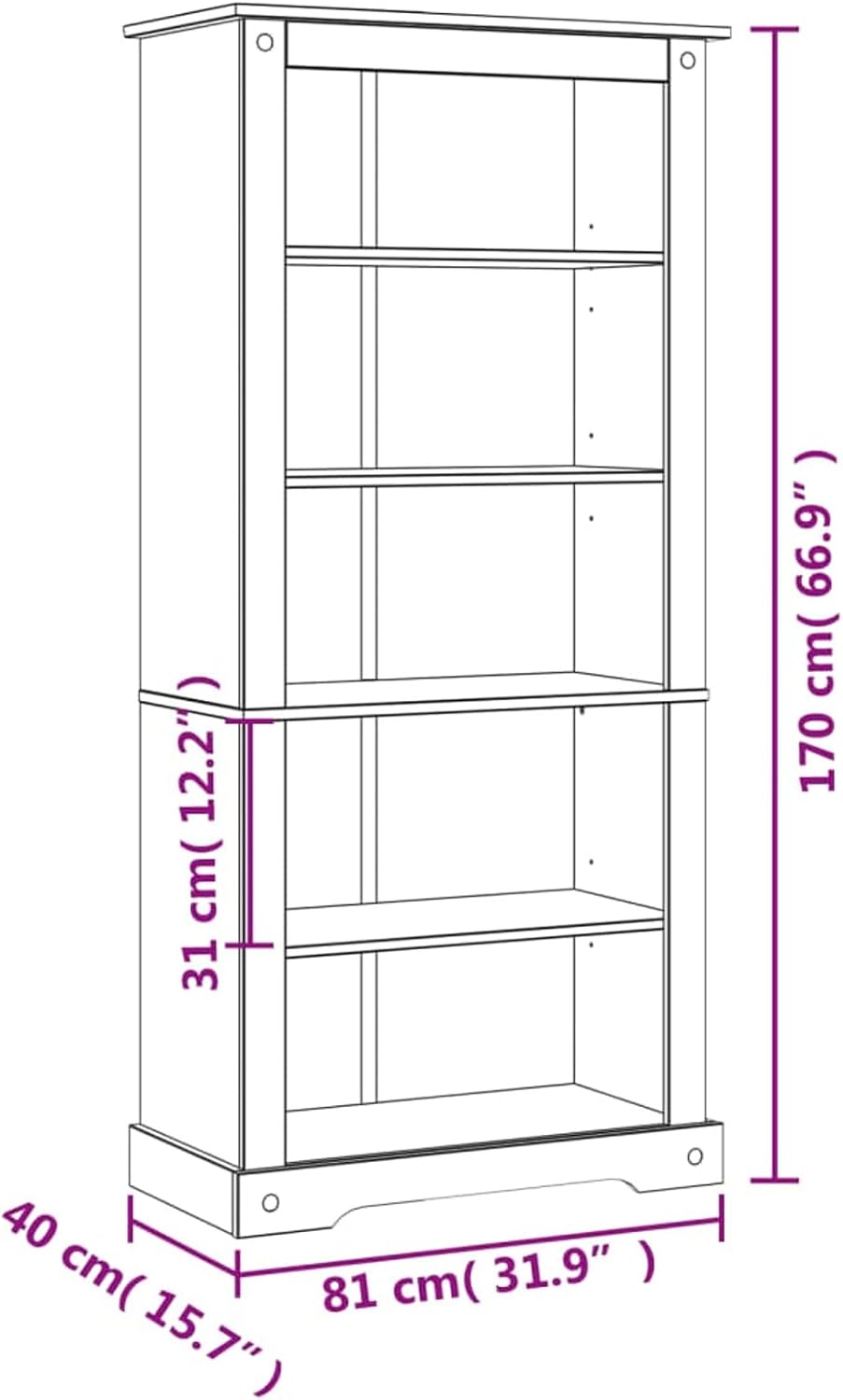 5-Tier Bookcase Office Furniture Bookshelf for Bedroom Bookshelve Office Bookcase Mexican Pine Corona 31.9