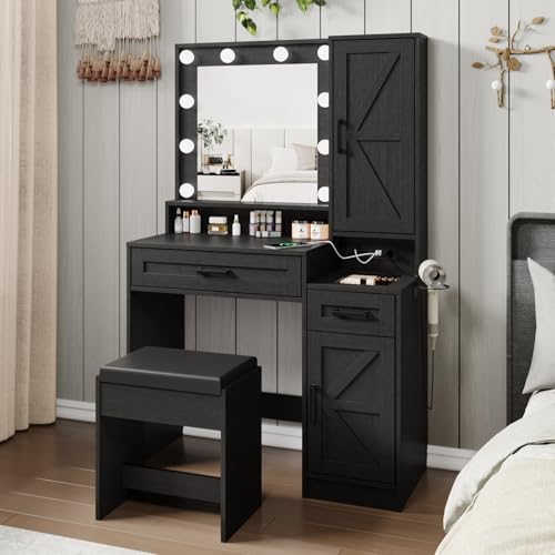 Fameill Vanity Desk with Mirror and Lights,Small Make up Vanity with Chair and Outlet,Makeup Table with Jewelry Cabinet, Bedroom Vanity with 2 Drawers, 3 Lighting Colors,36.4 inch,White
