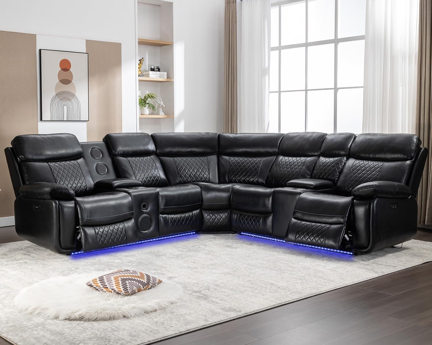 Power Reclining Sectional with Bass Speaker LED Light Recliner Faux Leather Reclining Sectional Couch Sofa Electric L-Shape Sectional Recliner USB Port,Cup Holder,Storage Console for Living Room Black