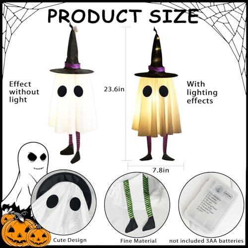 Set of 4 Halloween Hanging Ghosts, Halloween Decorations Outdoor Hanging Ghosts with Witch Hat,Glowing Ghost Witch Hat Lights, Light up Ghost Decor for Yard Patio Garden Tree Outside(4 Ghost Lighted)