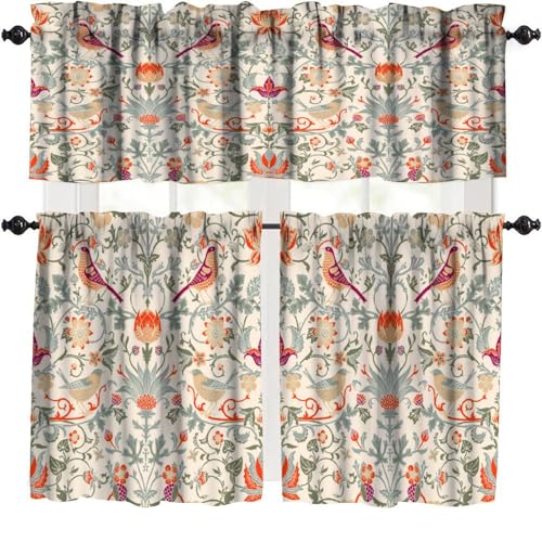 William Morris Kitchen Valance Curtain,Boho Retro Bird Elegant Animal Printed Small Window Treatments for Kitchen Living Room Bathroom Cafe Decor Rod Pocket Vintage Valances 54x18 Inch, 1 Panel