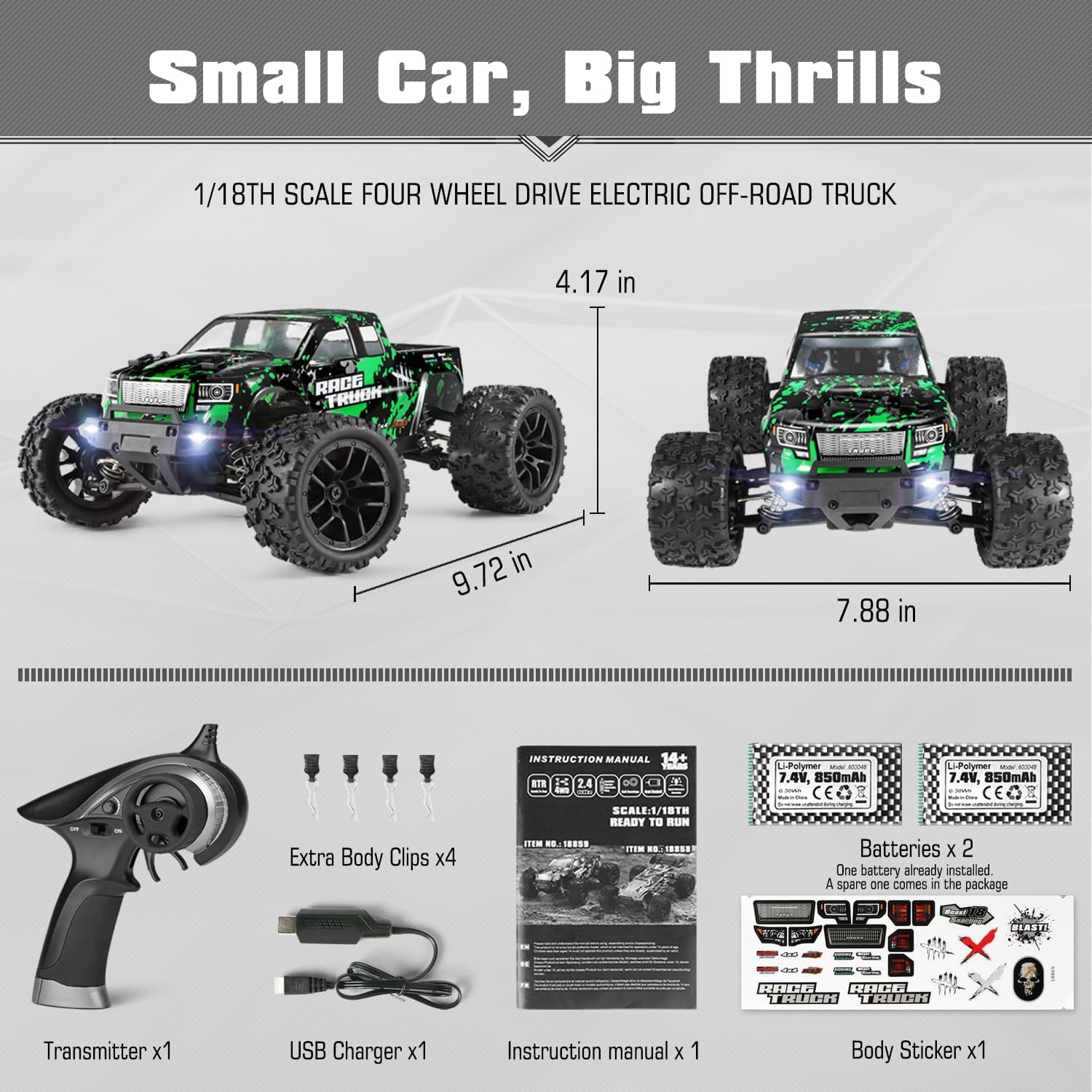 HAIBOXING 1:18 Scale All Terrain RC Car 18859, 36 KPH High Speed 4WD Electric Vehicle with 2.4 GHz Remote Control, 4X4 Waterproof Off-Road Truck with Two Rechargeable Batteries