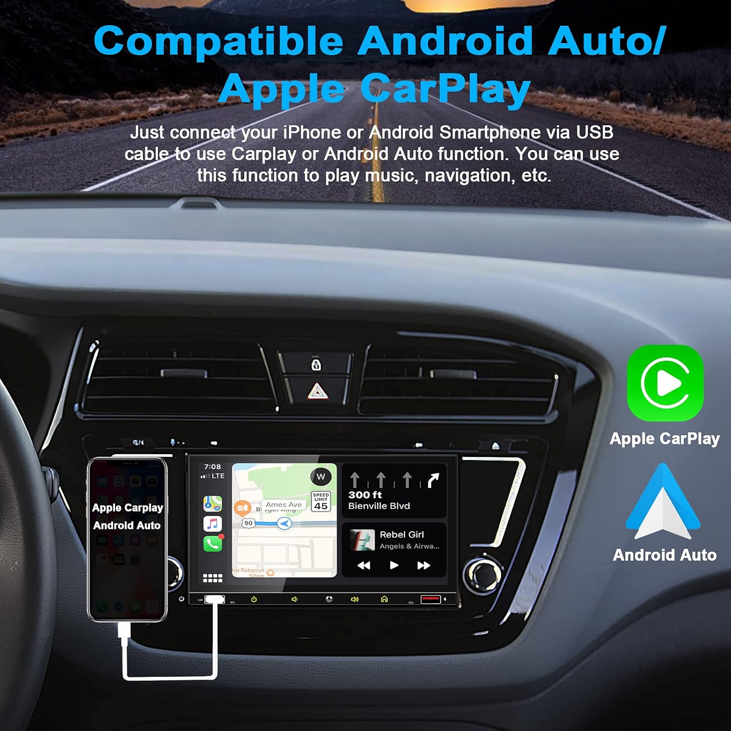 2024 Newest Double Din Car Stereo with Voice Control Carplay& Android Auto,7 Inch Capacitive HD Touchscreen Bluetooth5.0，Mirror Link，Subwoofer，Waterproof Backup Camera, SWC/USB/ QC3.0/AM/FM