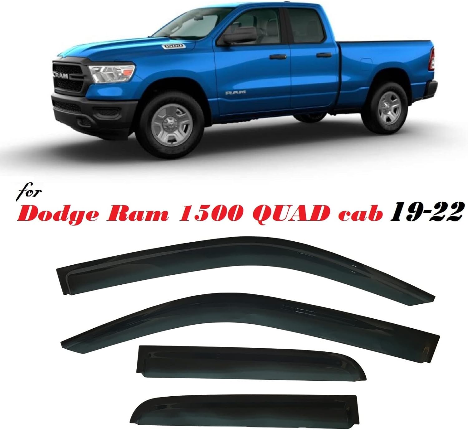 2019 - 2022 Tape-On Dark Tinted Side Window Visor Deflectors Vent Rain Guards for Dodge RAM 1500 Quad cab only 2019 2020 2021 Pack of 2