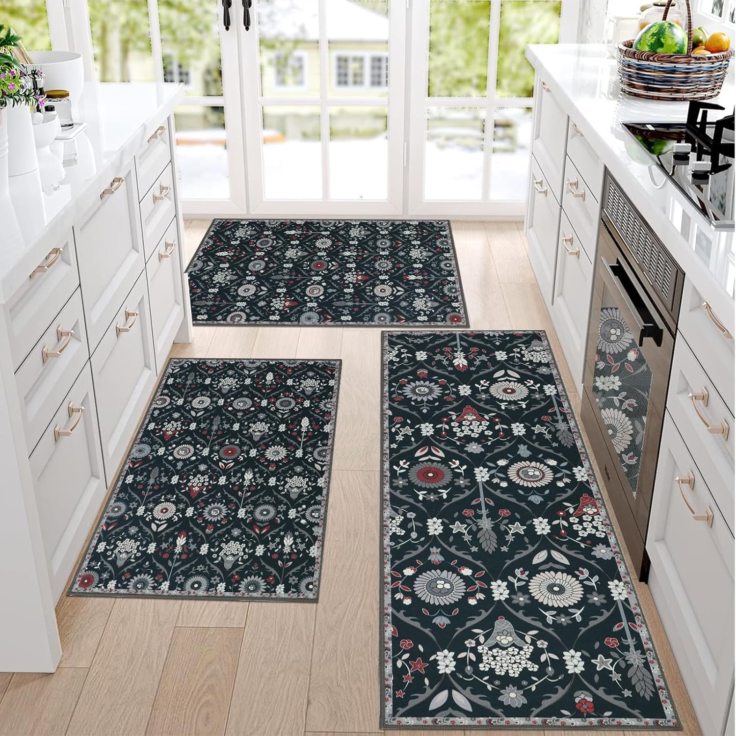 Falflor Moroccan Trellis Kitchen Rug Sets of 3 Non Slip Kitchen Rug Sets Floral Pattern Floor Mats for Kitchen Low Pile Kitchen Rugs Floor Carpet Sets for Entryway Bathroom Dinning Room