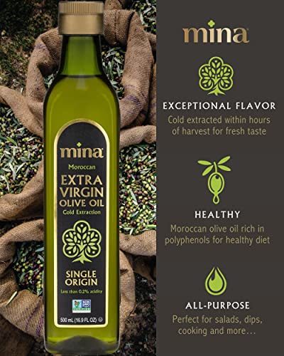 Mina Olive Oil Extra Virgin 33.8 Fl Oz, New Harvest, Polyphenol Rich Olive Oil for Cooking, Moroccan EVOO, Single Origin, Cold Extraction, Less than 0.2% Acidity, 1 L