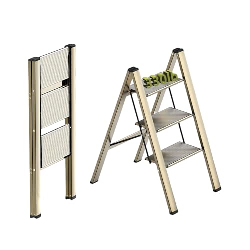 3 Step Ladder Aluminum Light Folding Step Bench Wide Non Slip Pedal 300 Lb Capacity Portable Ladder for Office Families, Kitchens, Bedrooms, High Shelves, Closets and Libraries (Champagne Gold)