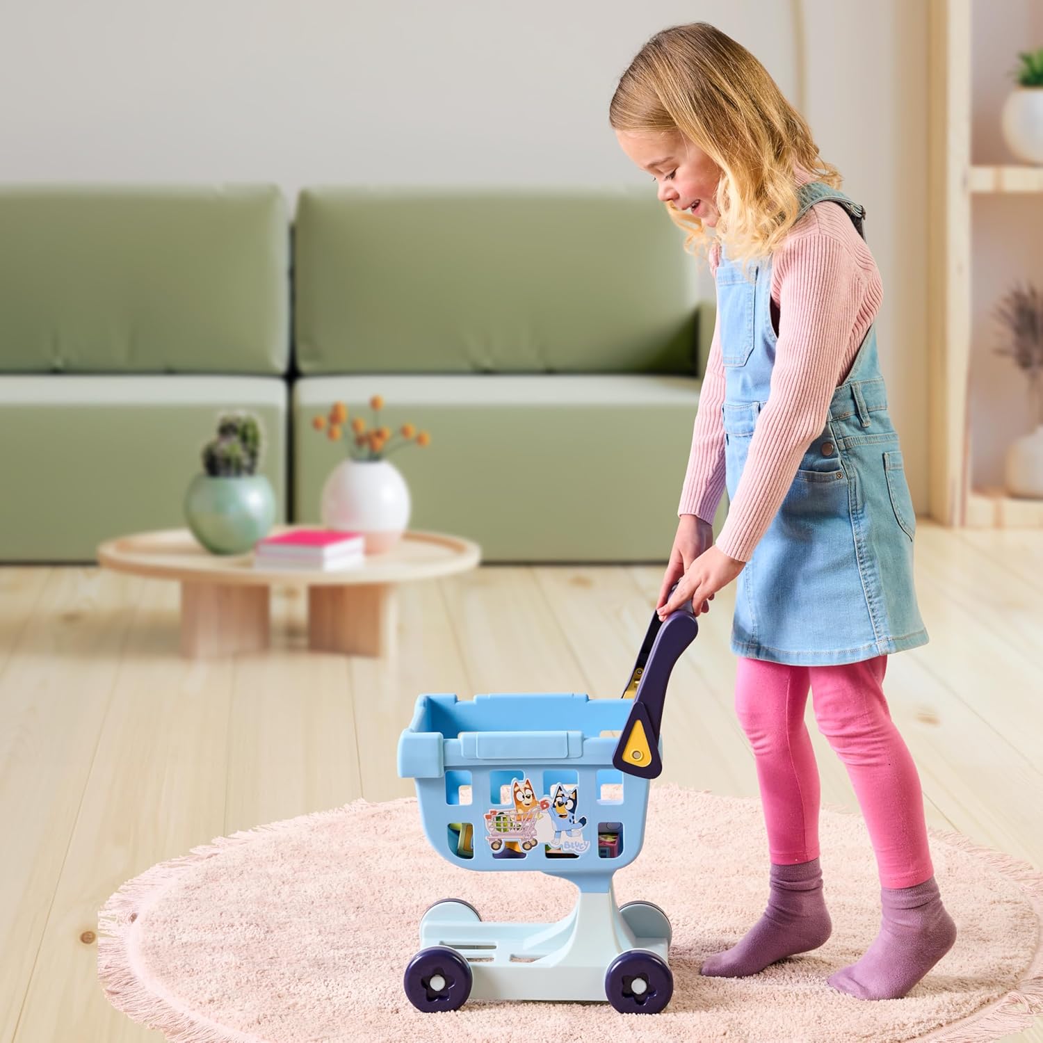 BLUEY The Shopping Trolley | with Free-Rolling Wheels and Rotating Handle. The Ideal Size for Toddlers | Stands at 19.3 Inch Tall | 8 Colorful Cardboard Shopping Goods are Included with This Trolley