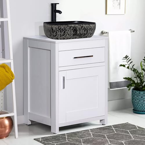 24 Inch Bathroom Vanity Sink Combo, Modern Pedestal Vanity Set, Sink Stand Under Sink Storage Cabinet Basin Vessel Sink with Chrome Faucet, Pop Up (WHITE WOOD 99B)