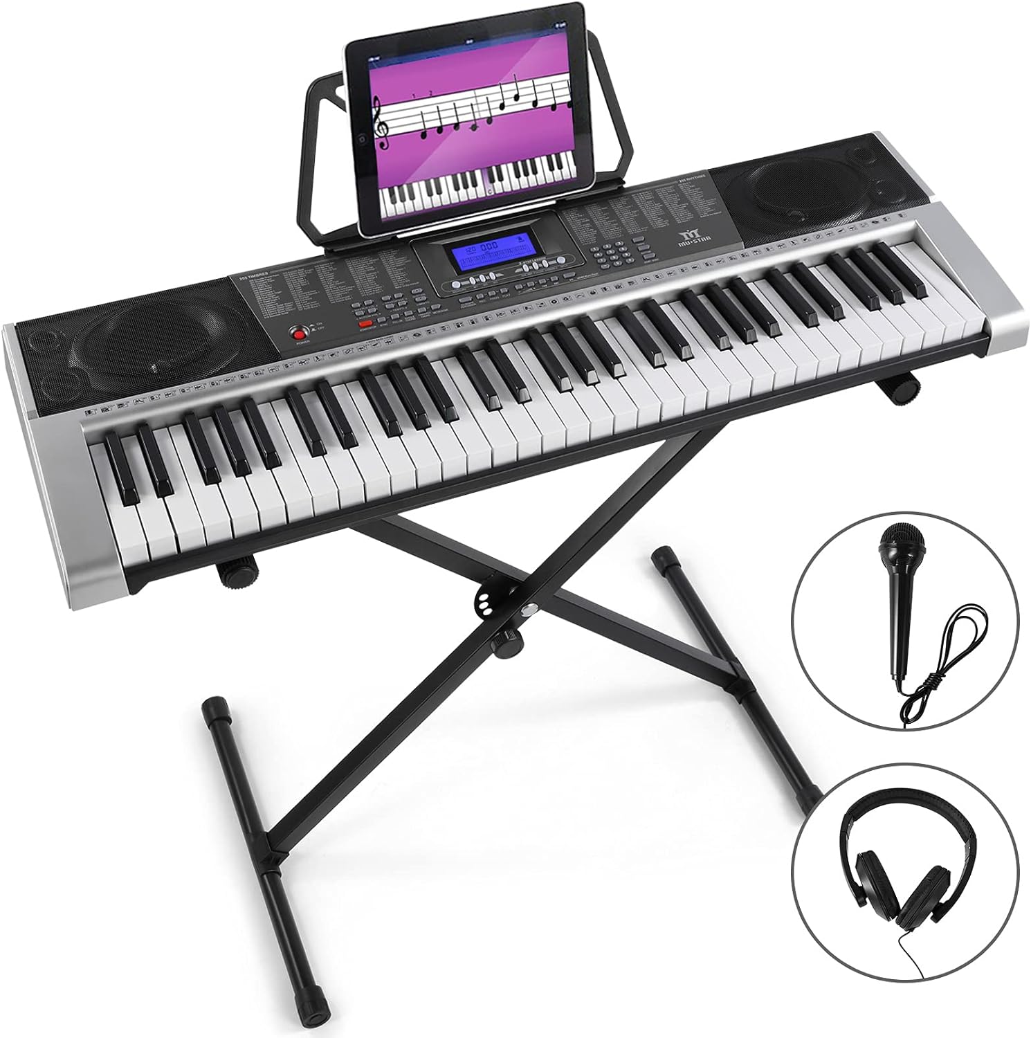 MUSTAR Keyboard Piano, 61 Key Electric Keyboard with LCD Screen, Recorder, 3 Teaching Modes, Adjustable Keyboard Stand, Headphones, Microphone and Power Adapter, Grey