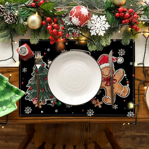 Artoid Mode Snowman Tree Gingerbread Gifts Merry Christmas Placemats Set of 4, 12x18 Inch Seasonal Winter Holiday Table Mats for Party Kitchen Dining Decoration