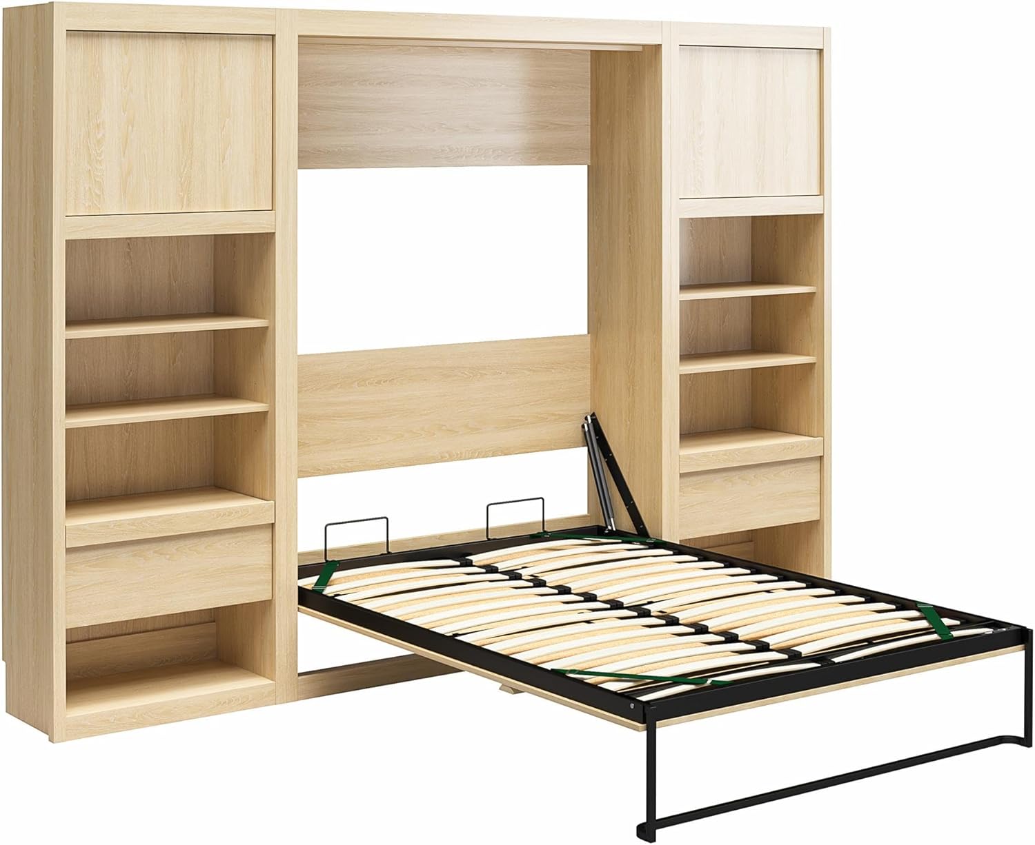 Signature Sleep Full Size Murphy Wall Bed with Wooden Slats in Engineered Wood, with Storage and Charging Station in Light Oak, No Box Spring Needed, Easy Assembly, Up to 600 lbs Weight Capacity