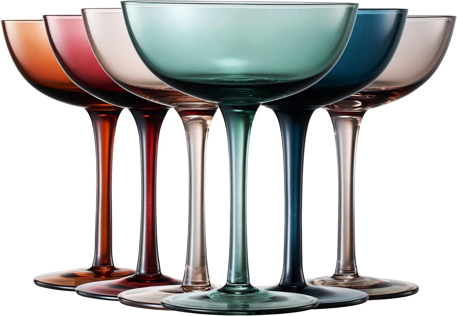 TWS Muted Colored Crystal Coupe Glasses Set - 7 oz, Set of 6, for Cocktails & Champagne, with Luxury Gift Box