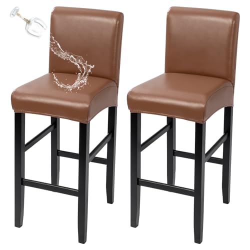 SearchI Waterproof Bar Stool Covers Set of 2, Stretch Removable Washable PU Stool Chair Covers, Counter Height Chairs Covers for Kitchen Dining Room Cafe Furniture (PU Orange)