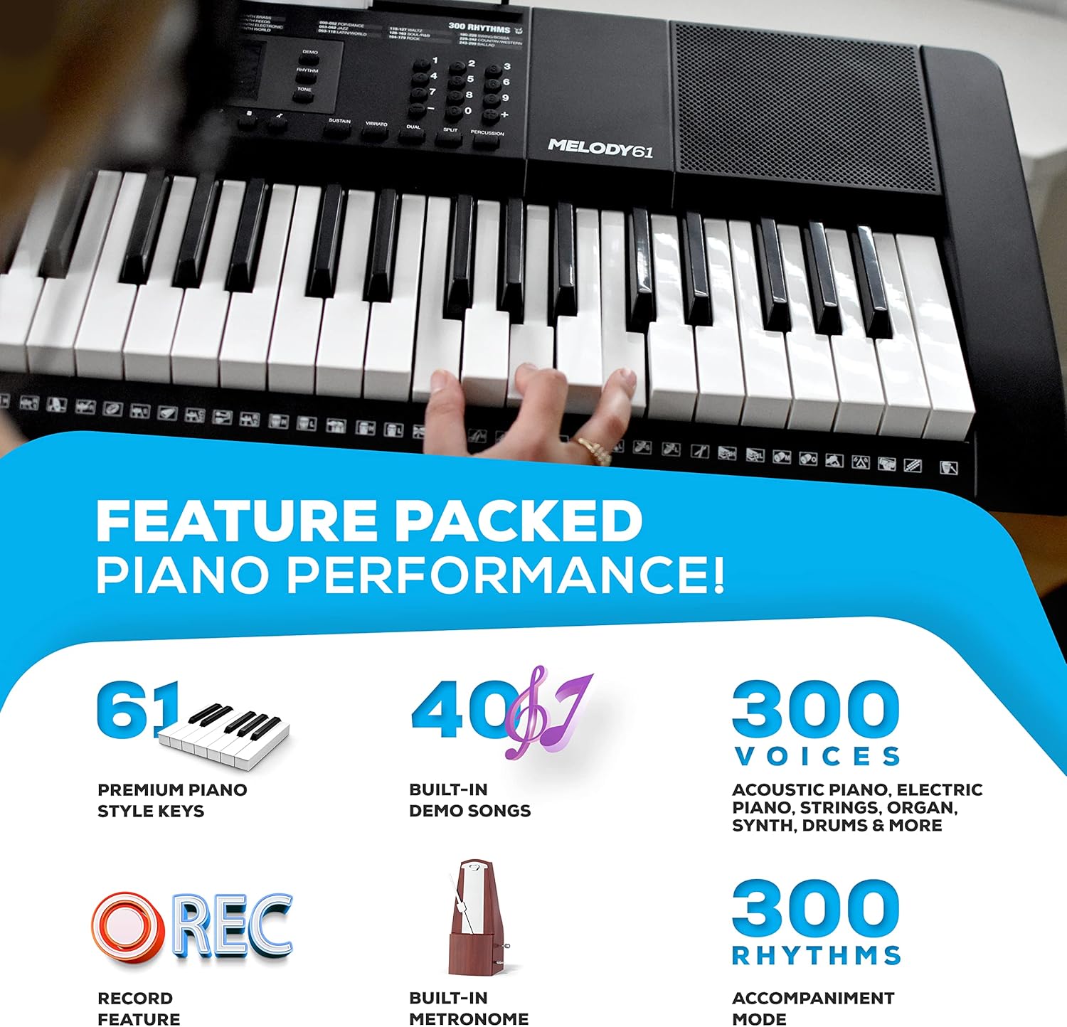 Alesis Melody 61 Key Keyboard Piano with 300 Sounds, Speakers, Digital Piano Stand, Bench, Headphones, Microphone, Music Lessons and Demo Songs