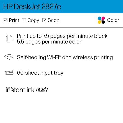 HP DeskJet 2827e Wireless All-in-One Color Inkjet Printer, Scanner, Copier, Best Home Printer, 3 Months of Instant Ink Included (6W7F5A)