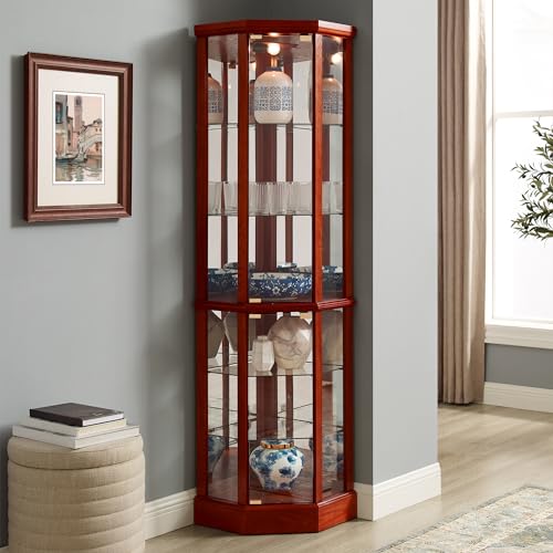 Lighted Corner Display Curio Cabinet Wooden Curved Shelving Unit with Tempered Glass Door, Bar and Liquor Storage Area with 6 Shelves - Mirror Back (Walnut)