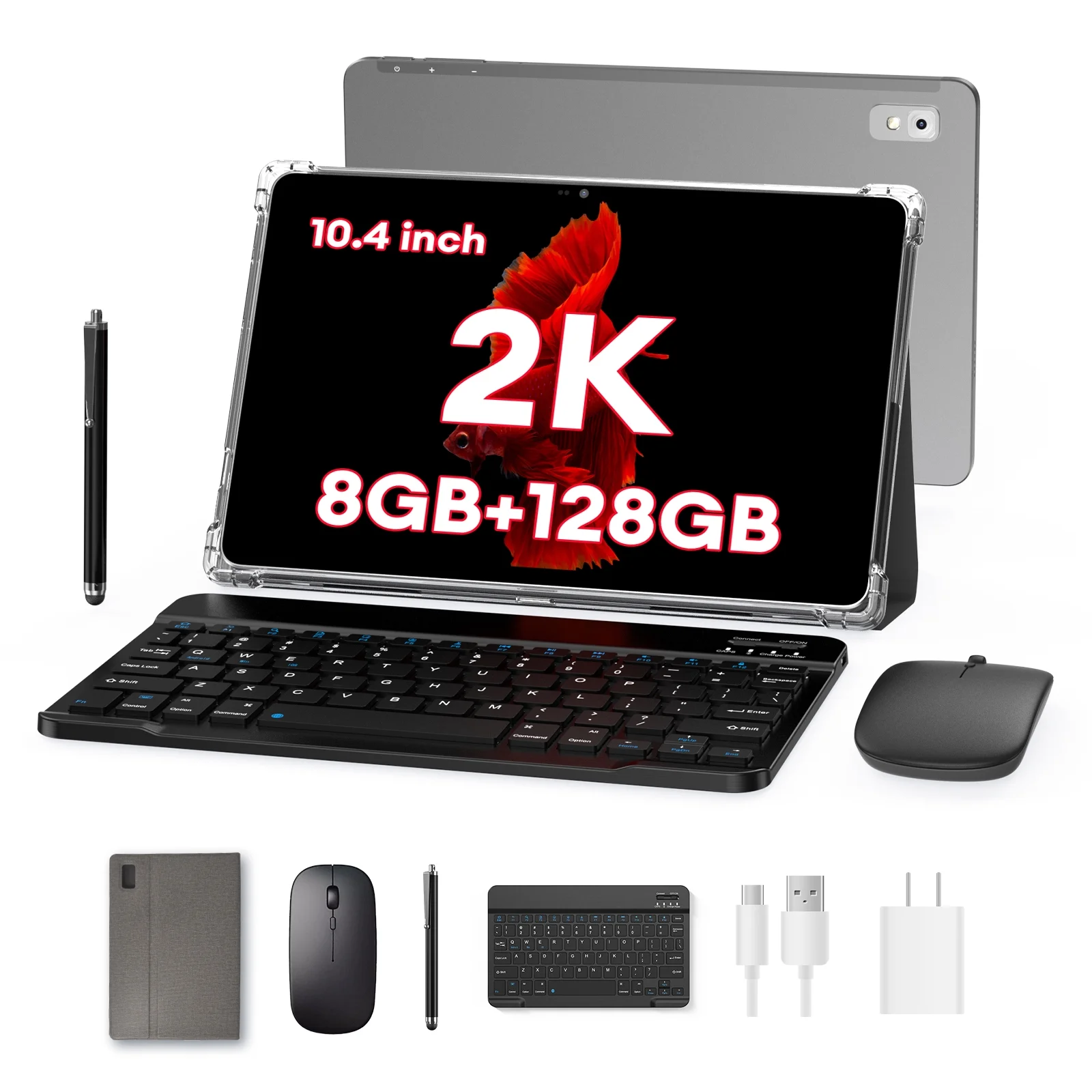 Headwolf Android Tablet with Keyboard, FHD 2K Display 10.4 Inch 2 in 1 Tablet, Octa Core Gaming Tablet with Case Mouse Stylus, 7000mAh Battery Fast Charge, 20MP Camera, 2024 Latest 2.4G/5G WiFi Tablet