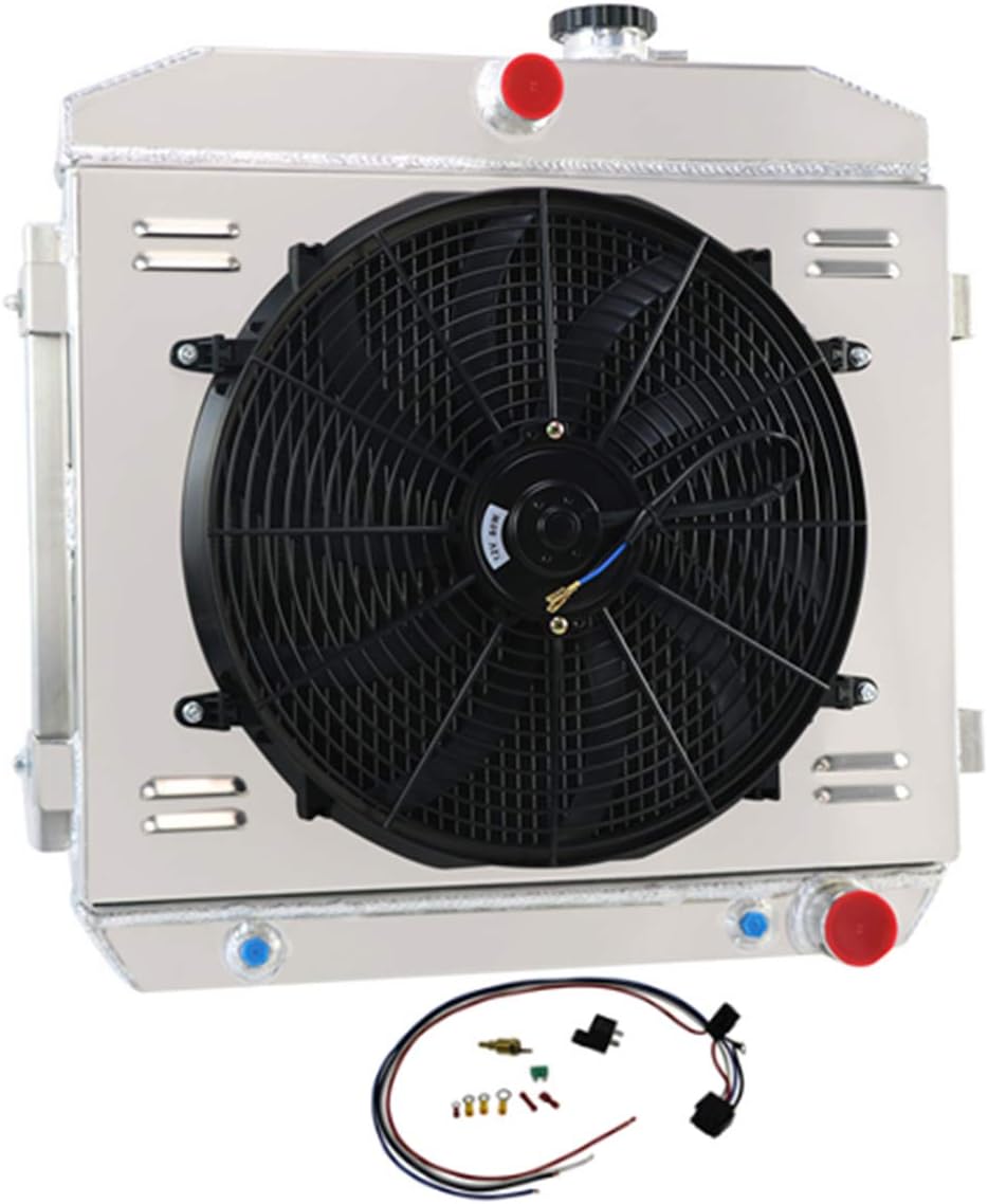 CoolingSky 4 Row All Aluminum Radiator + Fan Shroud Combo & Thermostat Relay Kit for 1955-1957 Chevy Bel Air/Nomad/Del Ray/150/210 Multiple V8 Models