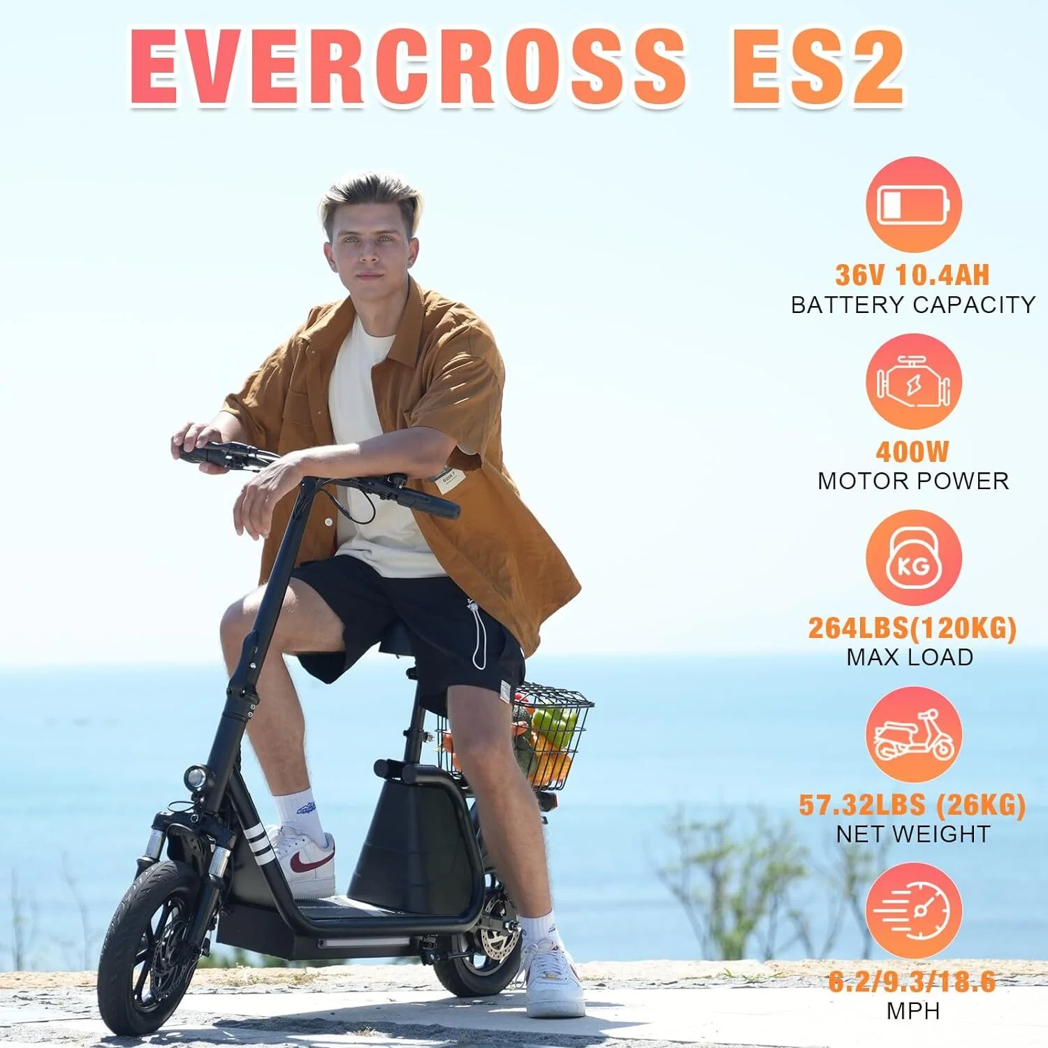 EVERCROSS Electric Scooter with Seat for Adult, 400W Motor up to 22 Miles Range & 18.6Mph, 12