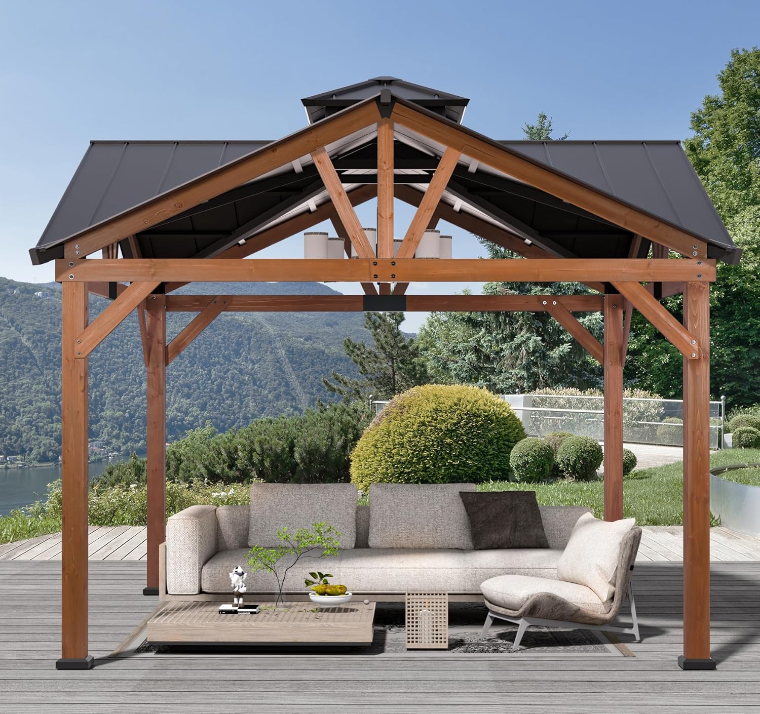 Modern Shade Wood Gazebo 12’x12’, Heavy Duty Hardtop Gazebo with Steel Roof, Water Resistant, Wind Resistant, Perfect for Your Permanent Outdoor Pavilion, Solid Wood Framed Gazebo, Cedar Gazebo