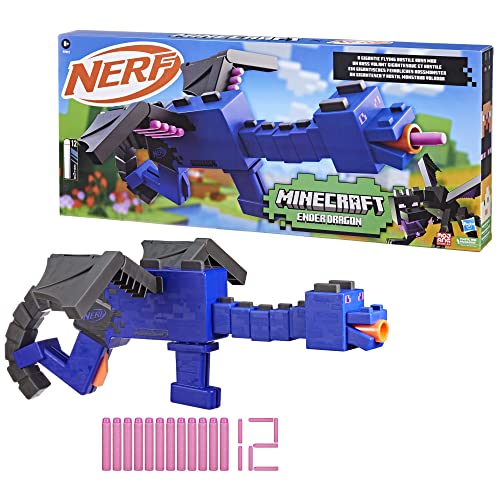 Nerf Minecraft Ender Dragon Blaster, 4-Dart Internal Clip, 12 Nerf Elite Foam Darts, Design Inspired by Minecraft Mob in the Game