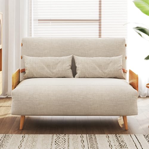 3-in-1 Convertible Chair Bed Sleeper for Adults, Linen Convertable Sleeper Chair with Wooden Arms & Pillows, Foldable Single Futon Sofa Bed (Mid Century with Walnut Arm, 36.6