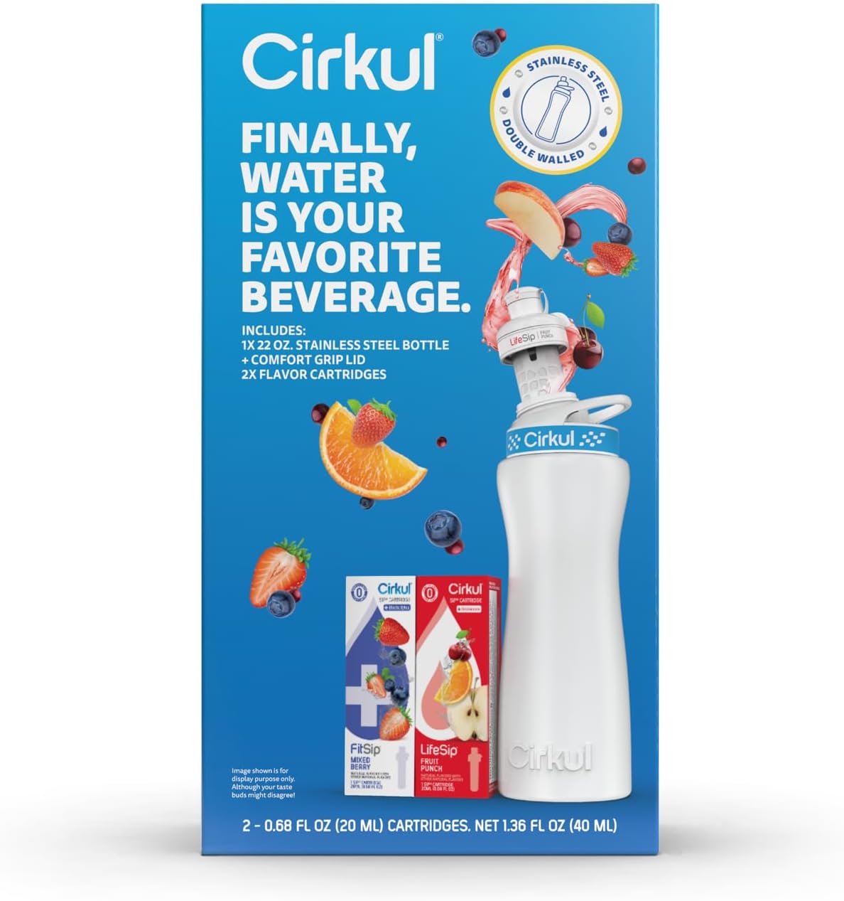 Cirkul 22oz White Stainless Steel Bottle Starter Kit with Blue Lid, 2 Flavor Cartridges - 1 LifeSip Fruit Punch & 1 FitSip Mixed Berry