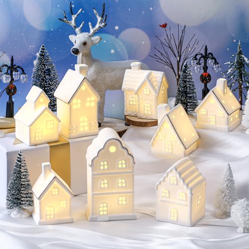 Wesiti 28 Pcs Ceramic LED White Christmas Village Set Include 8 LED White Christmas Village Houses 18 Xmas Trees 2 Lamp Post Scenes Decor Xmas Figurine Decoration Tabletop Mantel Shelf(Cute)
