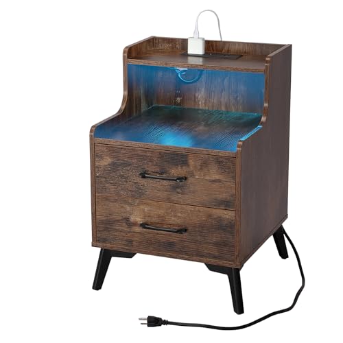 Nightstands Set 2, Night Stand with Drawers, Bedside Tables with Solid Wood Legs and Large Storage Space, Night Stand with 2 Drawers and Shelf for Bedroom