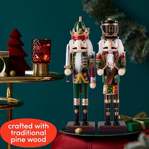 THE TWIDDLERS 2 Pack 12 Inch Wooden Nutcracker Christmas Decor King & Soldier (Green) Decorative Christmas Nutcracker Figures, Nutcracker Christmas Decorations, Cascanueces de Navidad in Gift Box