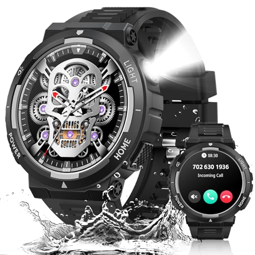 Military Smart Watch for Men(Answer/Make Calls) 1.53” Big Screen Rugged Smart Watch with LED Flashlight 3ATM Waterproof Tactical Smartwatch with 100+ Sports Modes Fitness Tracker Watch for iOS Android
