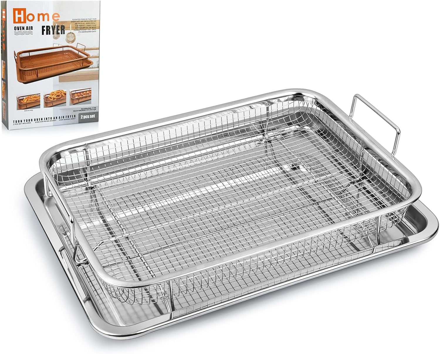 Air Fryer Basket and Tray Set of 2 Pieces 13 x 10 Inches Stainless Steel Filter Basket for Oil Filtering, Cooling Drain, Baking and Crispy Foods