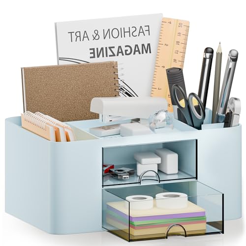 Desk Organizer with 2 Drawer, Multi-Functional Pencil Pen Holder for Desk, Plastic Desk Organizers and Storage with 5 Compartments, Desktop Organizer for School Office Art Supplies (Blue)