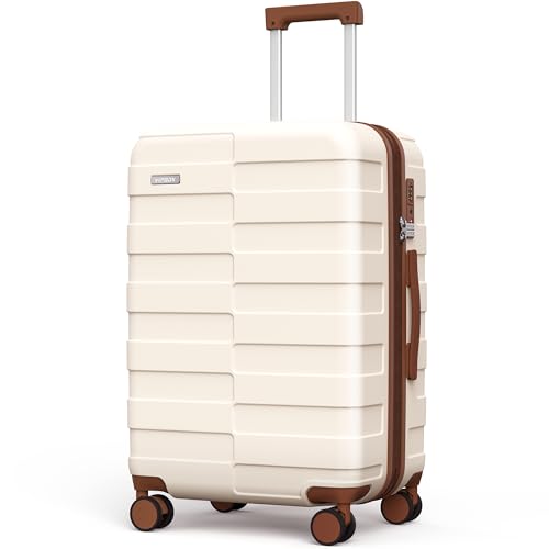 Luggage Sets 3 Piece (3-YEARS VIP SERVICE) Hardside Expandable Ultra Durable 100% PC Lightweight Carry On Travel Suitcase Set with TSA Lock Spinner Wheels, White Brown