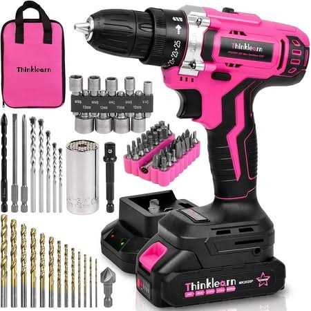 Thinklearn Pink Cordless Drill Set 20V Lithium-ion Power Drill Set for Women with 67Pcs Drill Driver Bits - Shop Hardware Tools Online Store