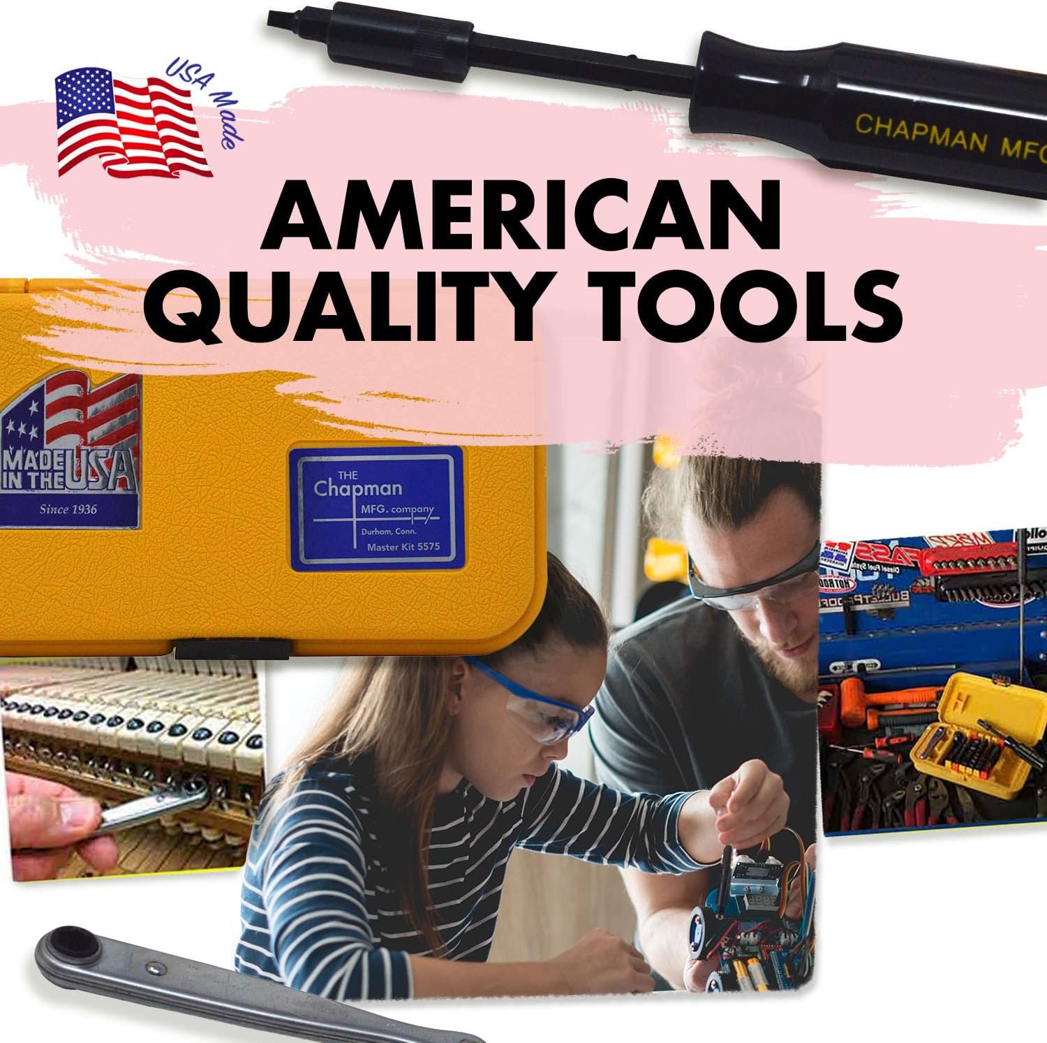 Chapman MFG 7331 All-Purpose Standard Screwdriver Set - Includes Phillips, SAE Allen Hex & Slotted/Flathead Bits - Complete Set Offers 24 USA Made Insert Bits + Mini Ratchet Hand Tool (Yellow Case)