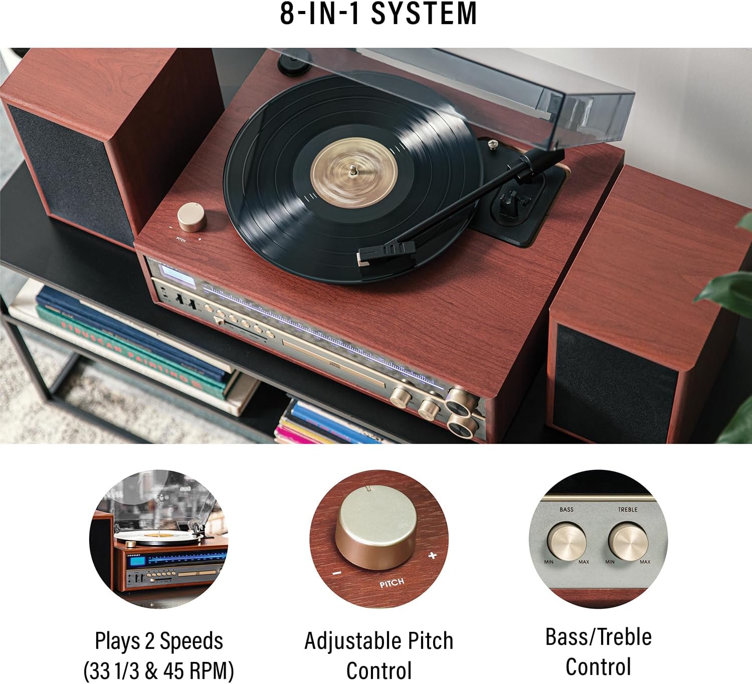 Crosley 1975T Turntable System with Bluetooth, CD, AM/FM and Included Speakers, Walnut