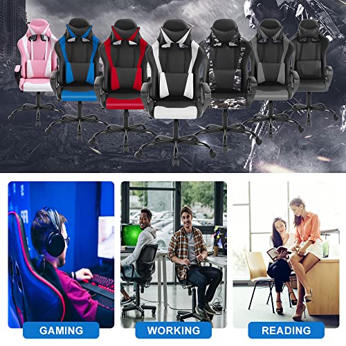 High Back Gaming Chair PC Computer Chair Office Chair for Adult Teen Kids, Ergonomic PU Leather Game Chair w/Lumbar Support Headrest Adjustable Rolling Swivel Desk Chair, White