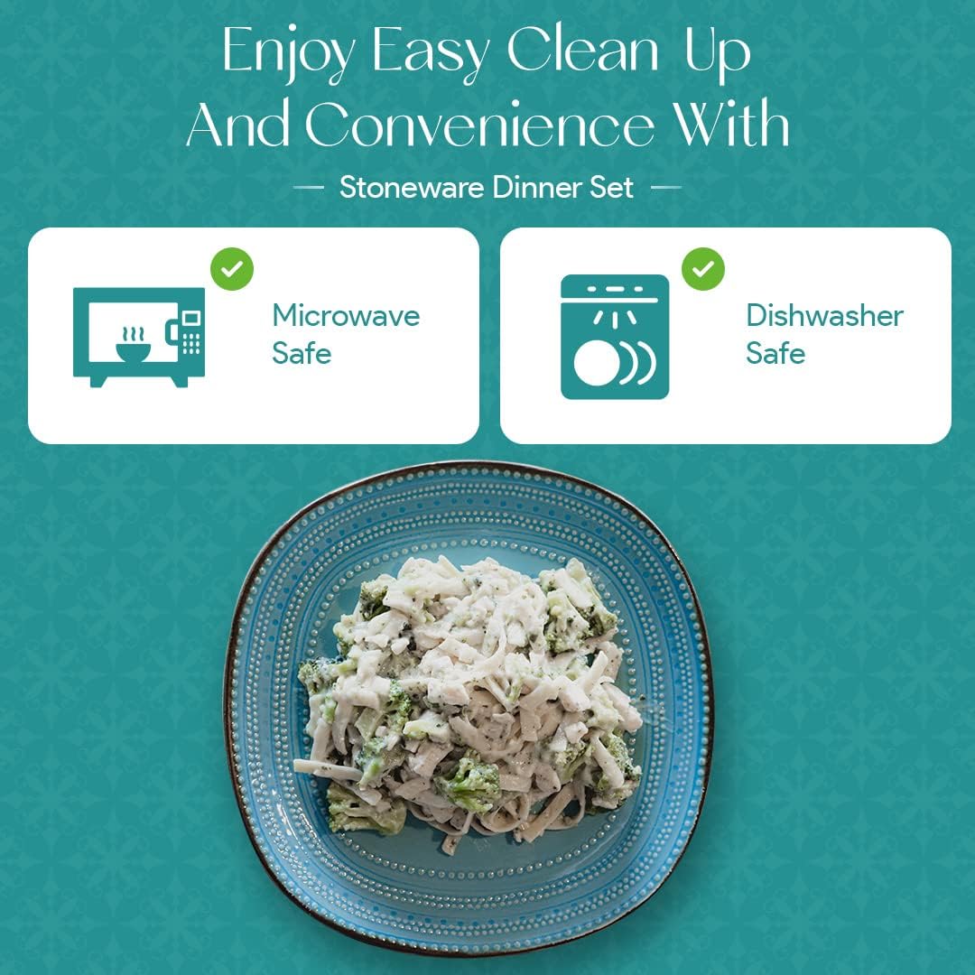 American Atelier 16-Piece Teal Stoneware Dinnerware Set - Includes Dinner Plates, Salad Plates, Bowls, Mugs