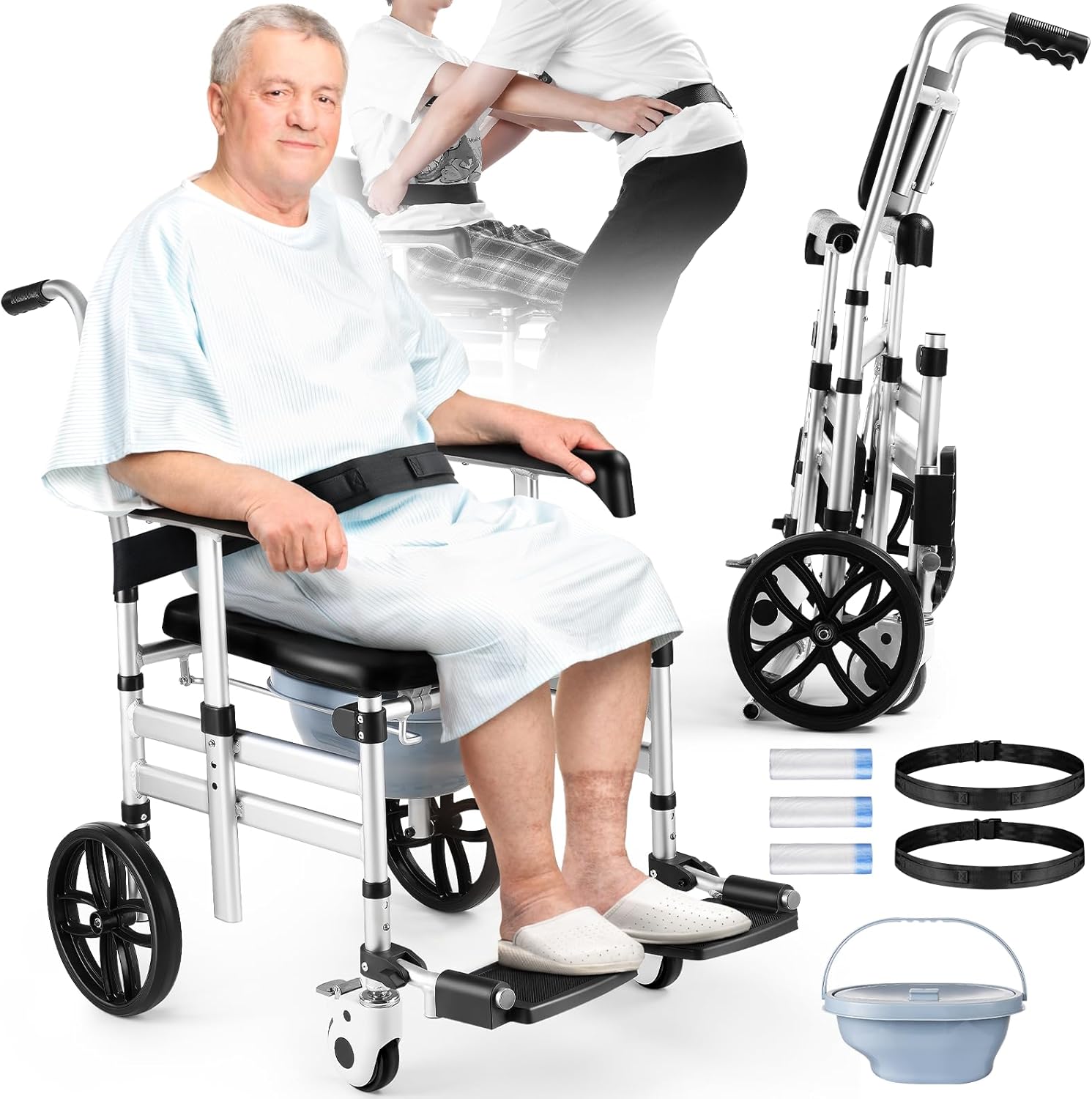 Shower Chair with Wheels, Hybodies Folding Shower Wheel, Transport Chair, Commode, Rolling Bath Chair for Handicap, Elderly & Injured, Waterproof & Soft, Front Locking Wheels, Safety Straps Included