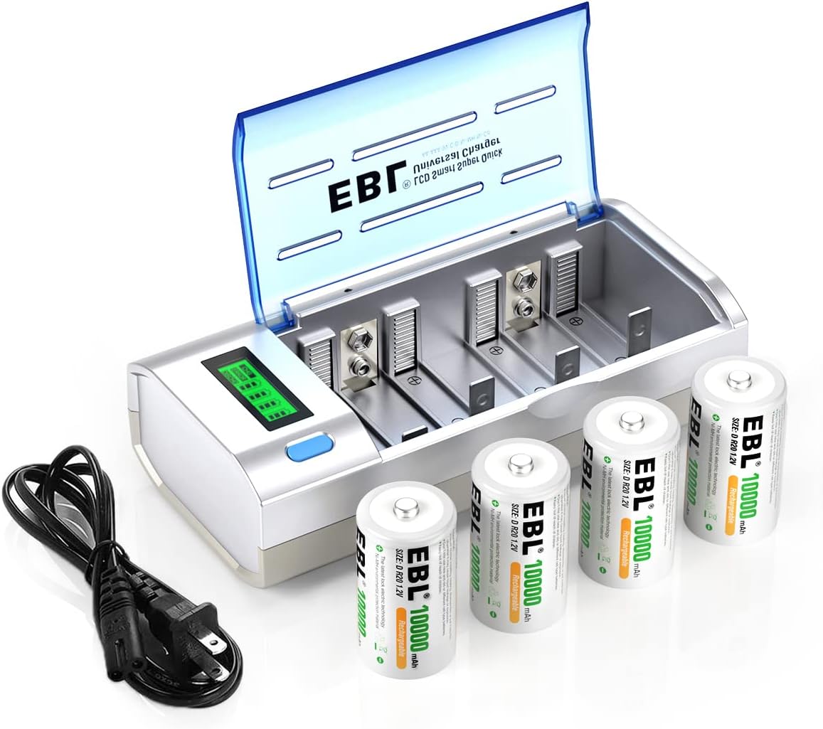 EBL D Cells 10000mAh Rechargeable Batteries (4 Counts) with C D 9V AA AAA Battery Charger Pack of 2