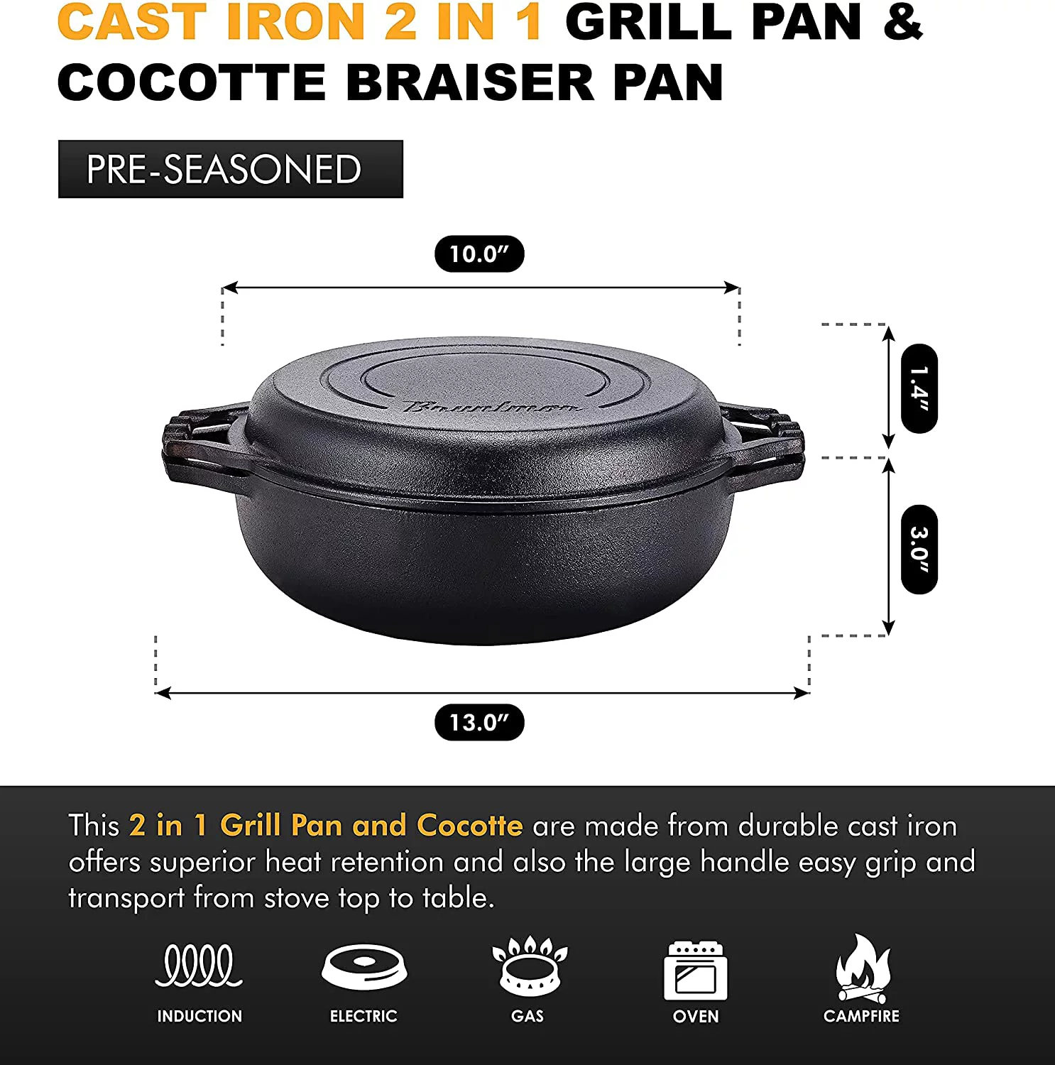 Bruntmor Enameled Cast Iron Braiser with Lid - Dual Handle 3.3 Quart Cast Iron Braising Pan for BBQ, Fryer, and Camping - Pre-Seasoned Dutch Oven with Grill Lid - Black