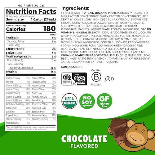 Orgain Organic Kids Protein Nutritional Shake, Chocolate - 8g of Protein, 22 Vitamins & Minerals, Fruits & Vegetables, Gluten Free, Soy Free, Non-GMO, 8.25 Fl Oz (Pack of 12)