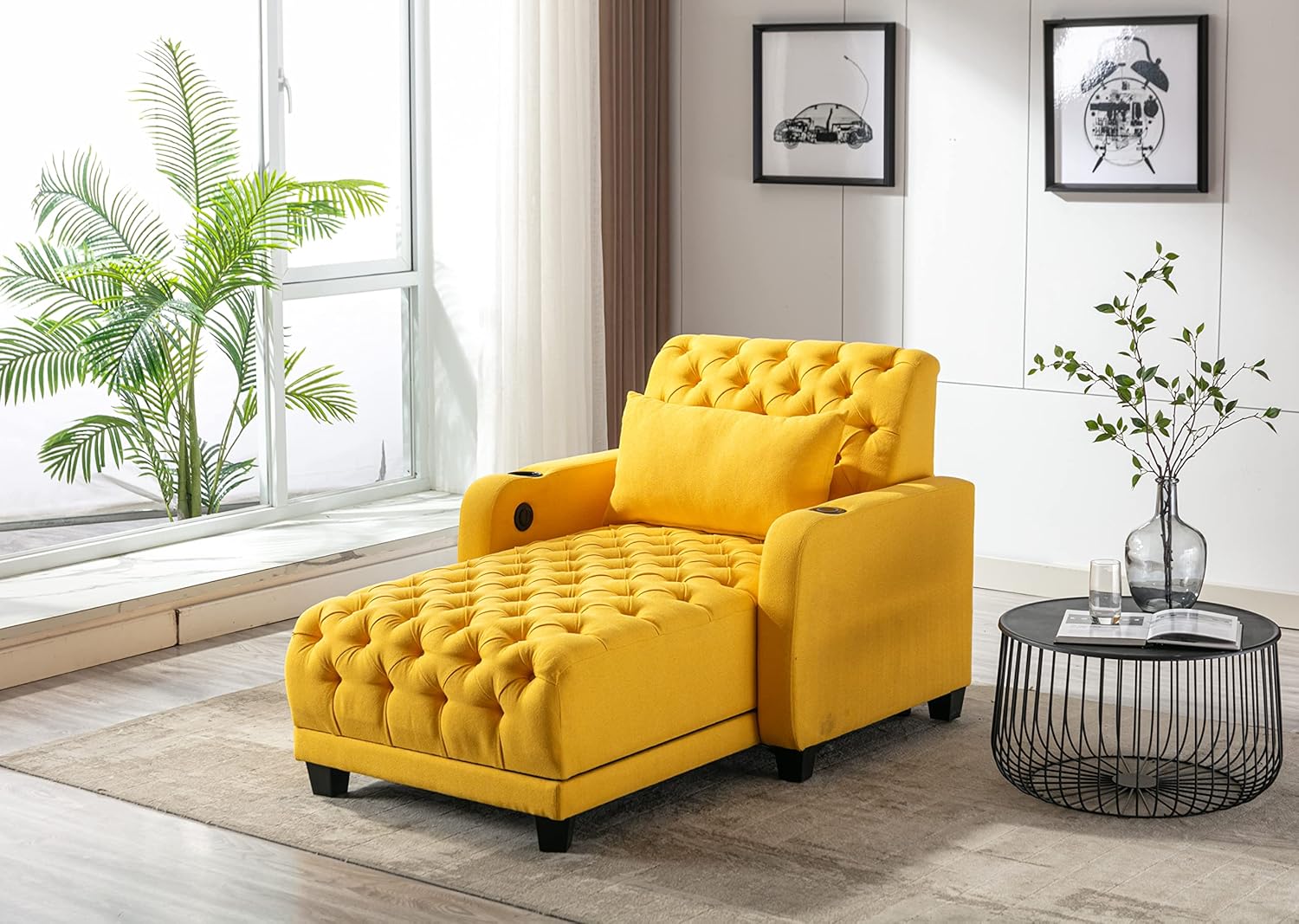 Casual Chaise Lounge Indoor, Button Tufted Upholstered Single Sofa Bed with Pillow, Adjustable Backrest Sleeper Couch Recliner Chair for Bedroom, Living Room, Apartment, Yellow