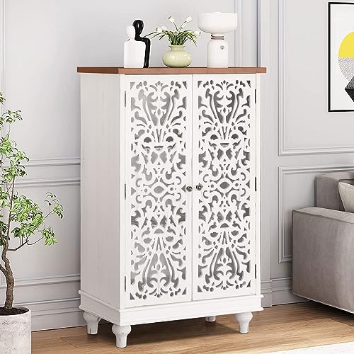 MFSTUDIO Small Accent Storage Cabinet with 1 Door, Farmhouse Hollow-Carved Floral Distressed Decorative Wood Cabinet Nightstand Side Table Sofa Table for Living Room, 13.8