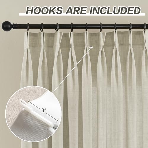 Taupe Linen Pinch Pleated Curtains 96 Inches Long for Living Room, Textured Linen Blended Light Filtering Pinch Pleat Semi Sheer Window Drapes, Easy Hanging Via Hooks 1 Panels 52