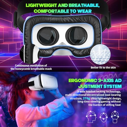 VR Headset for Smartphones 4.7-7 Inch with Bluetooth Controller,Aspheric HD Lens, Adjustable Focus & IPD,Ventilated Design